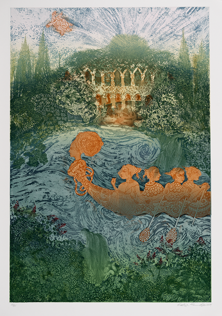 Image in green, blue and ornage of 4 women paddling in a canoe-like boat with an ornate woman-figurehead, on blue swirls that depict water surrounded by green plant like shapes and leaves, with blue rays emanating from a point in the sky above