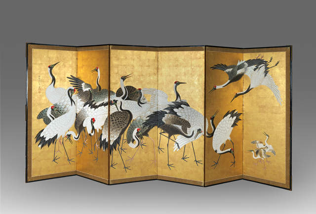Siz panelled japanese screen with seventeen white and black cranes in different positions from standing, bending to flying