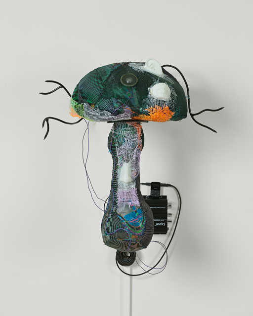 Abstract mushroom-shaped sculpture with wires coming out bottom and under the mushroom cap, with three thin curved antler spikes coming out of the top of the mushroom, with an electronic-like box onn the wall behind the bottom of the stem of this patterned mushroom shape