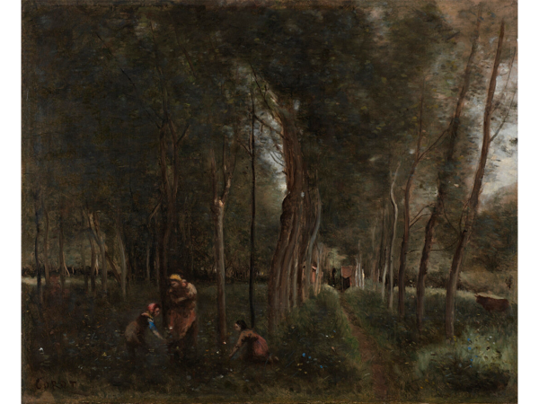 Wooded landscape painting in forest with people and path