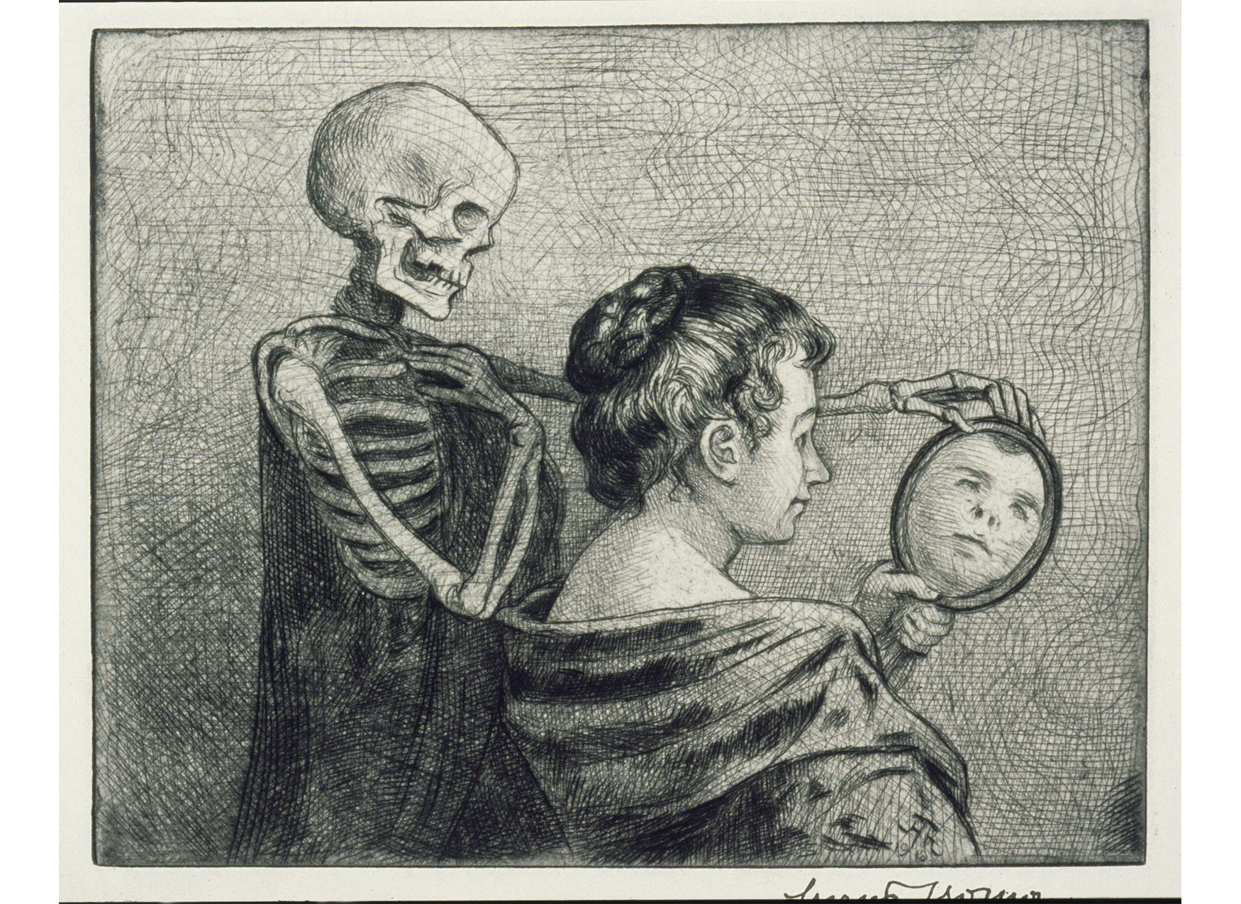 woman looking into hand mirror with skeleton behind her