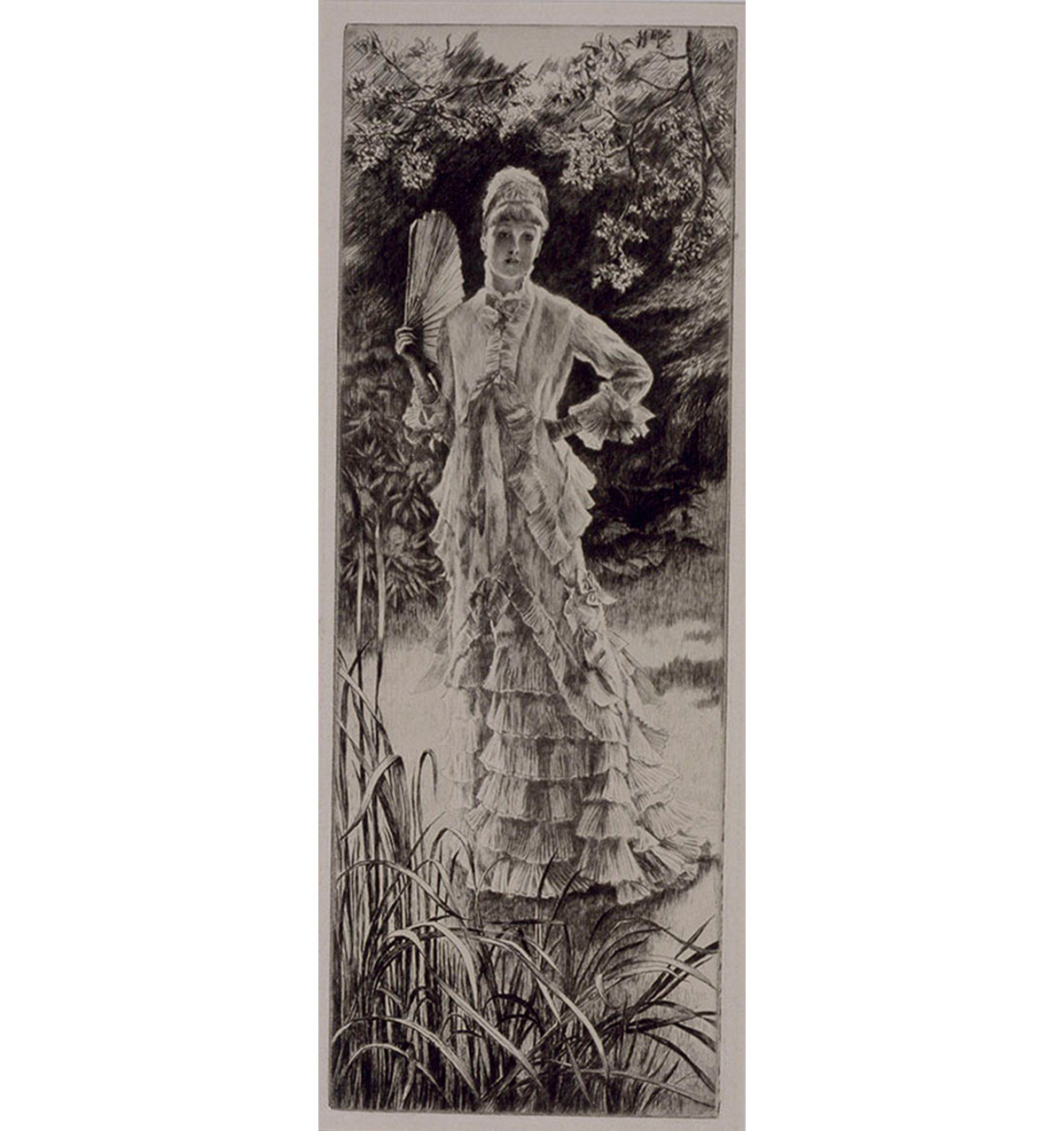 woman wearing long ruffled dress with hair in an updo, standing in a garden and carrying a fan