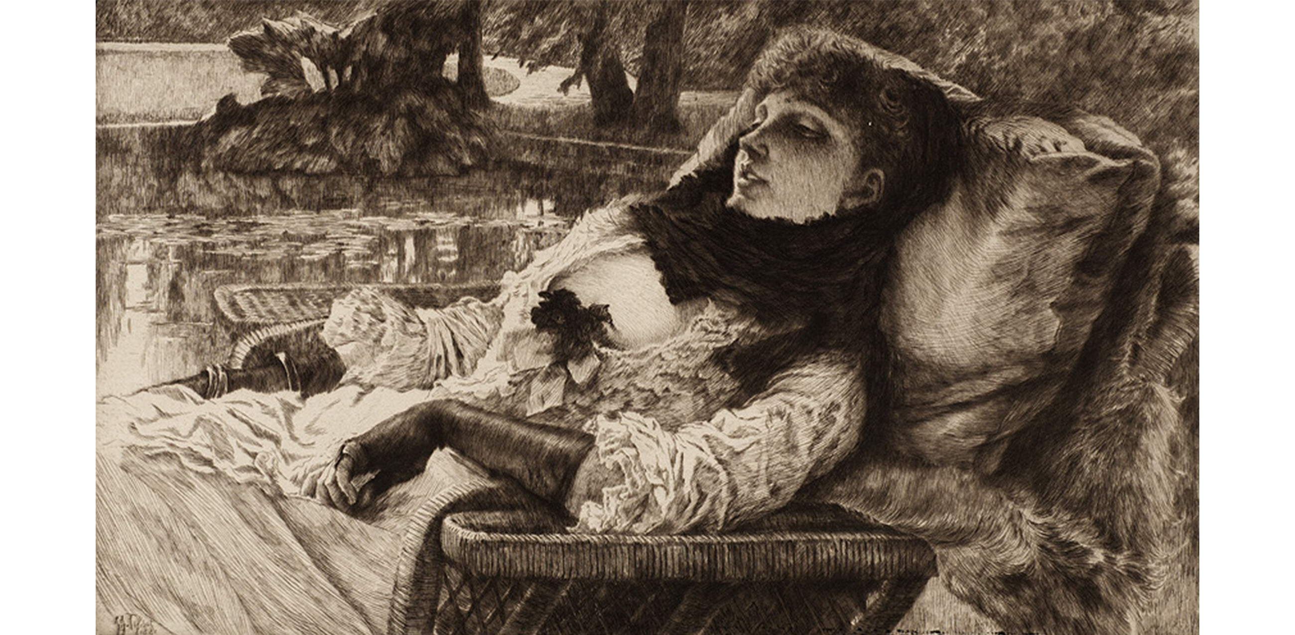 profile view of woman wearing dress with high collar, reclining on a lawn chair