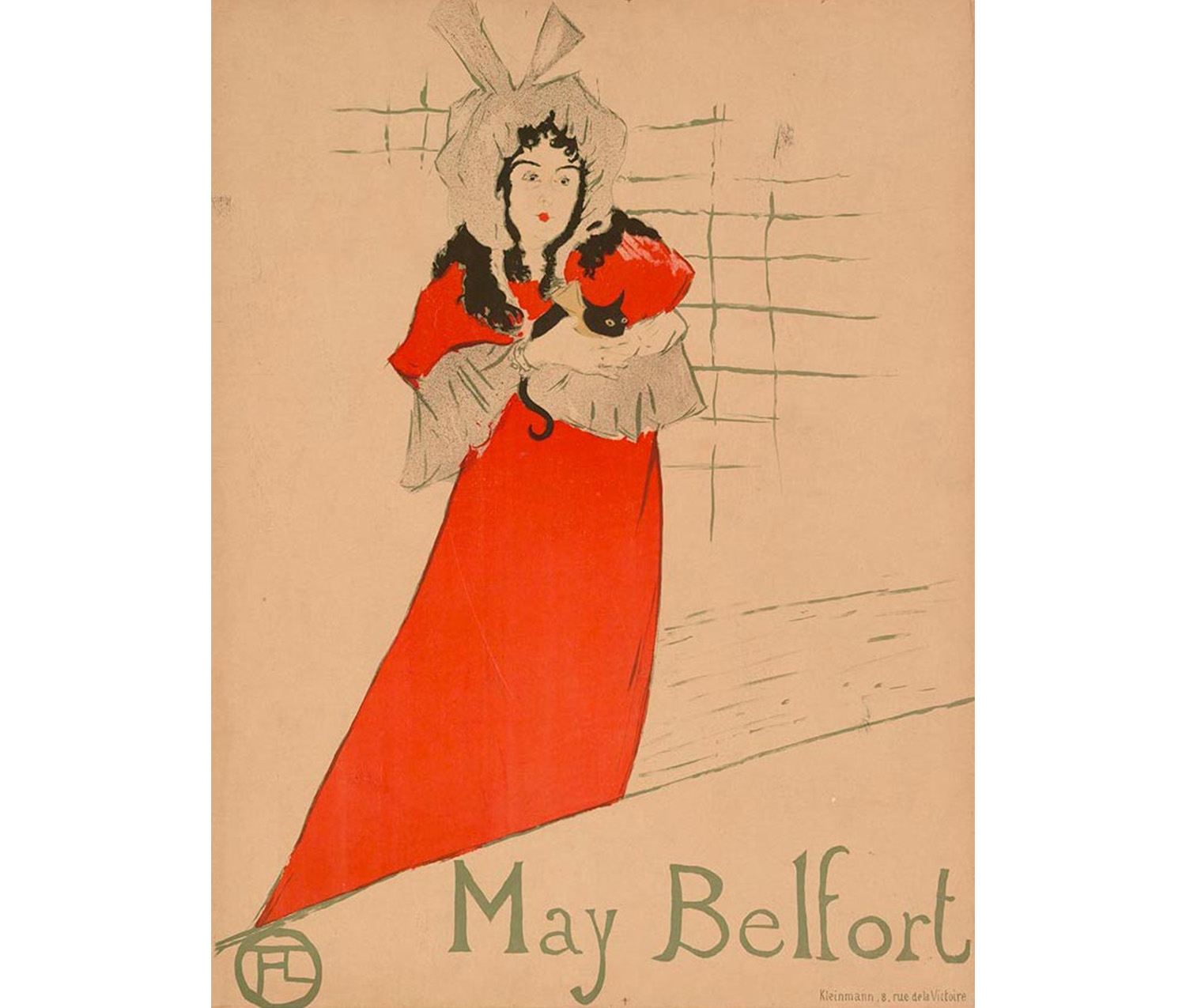 a sketch of a woman with curly dark hair, wearing a large white bonnet and a bright red dress and carrying a black cat