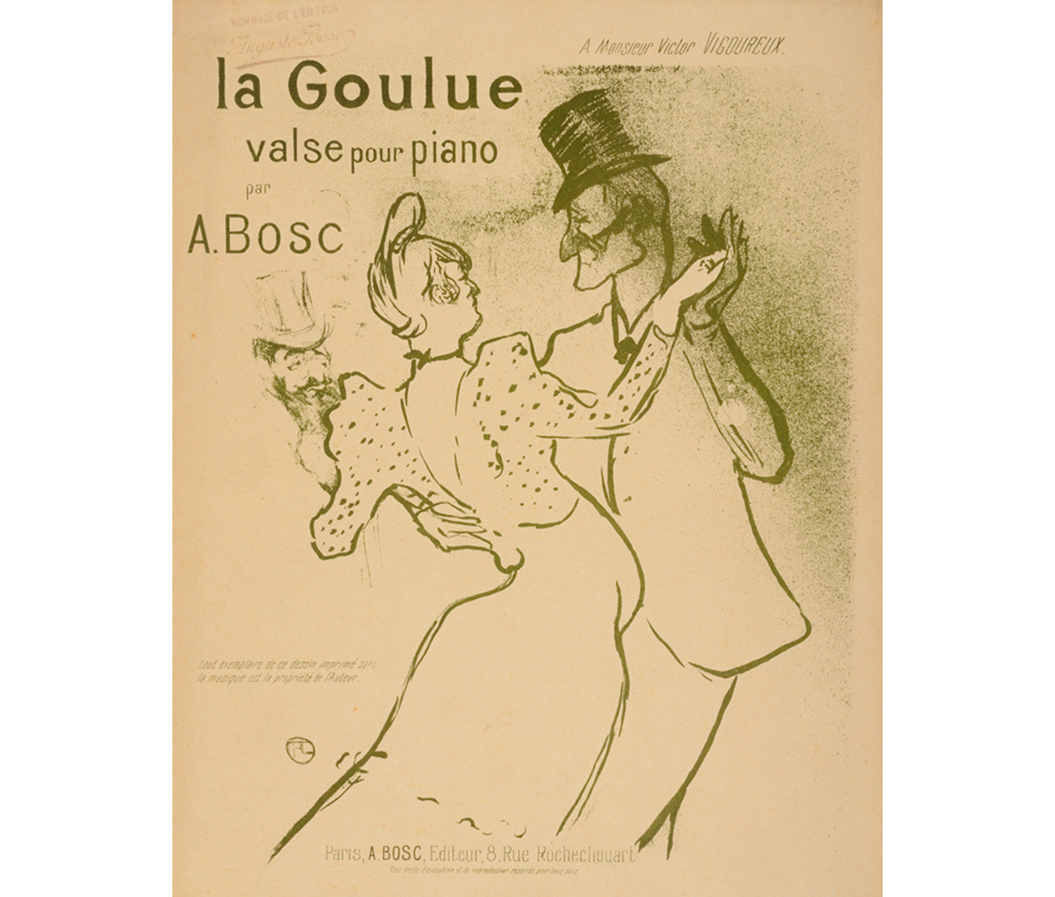 a poster showing a woman and a man slow dancing; the text reads, "la Goulue, valse pour piano"