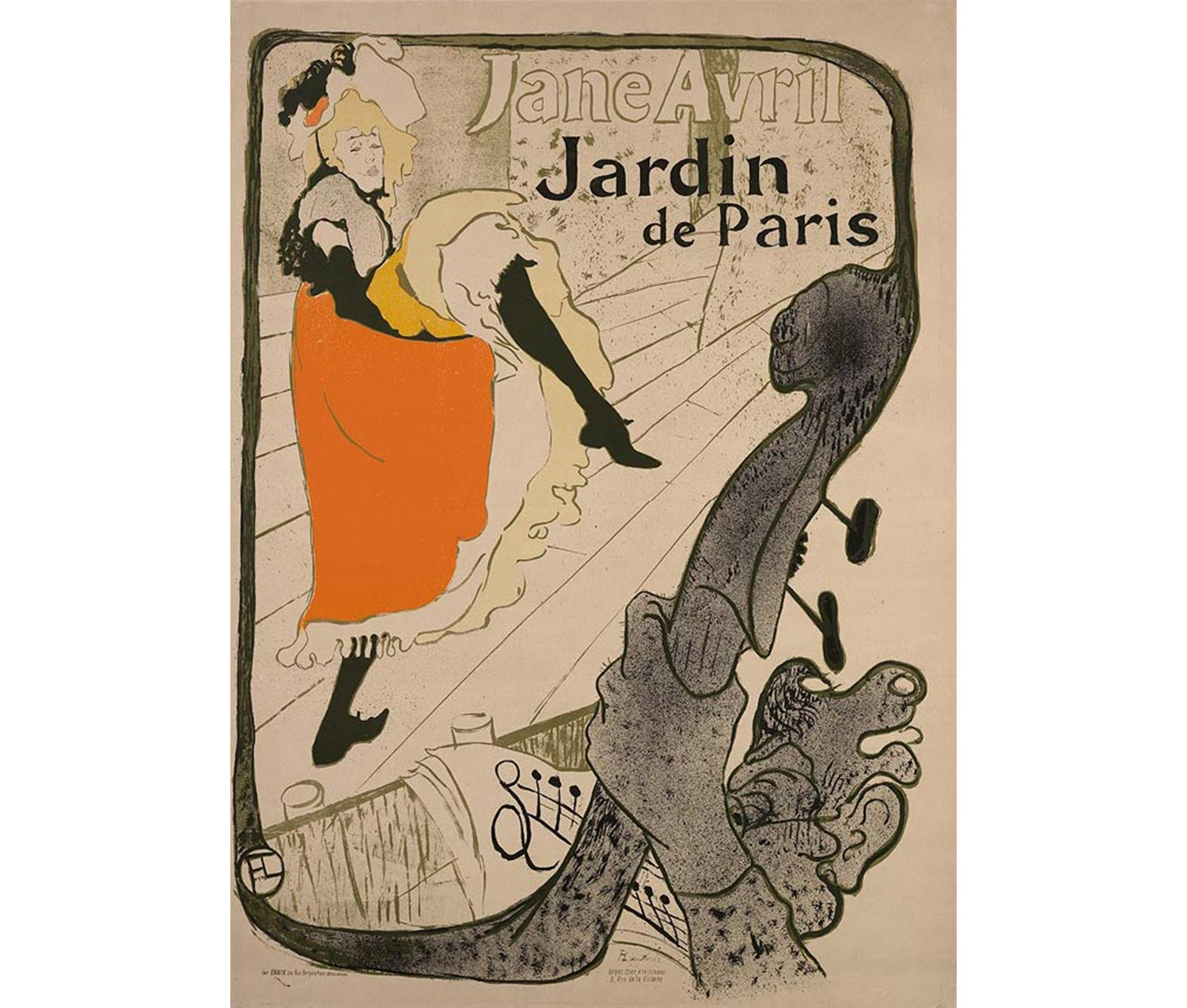 image of a harp surrounding a woman wearing a black and orange dress and holding one leg up to reveal black stockings. in the top right, text reads "Jane Avril / Jardin de Paris"