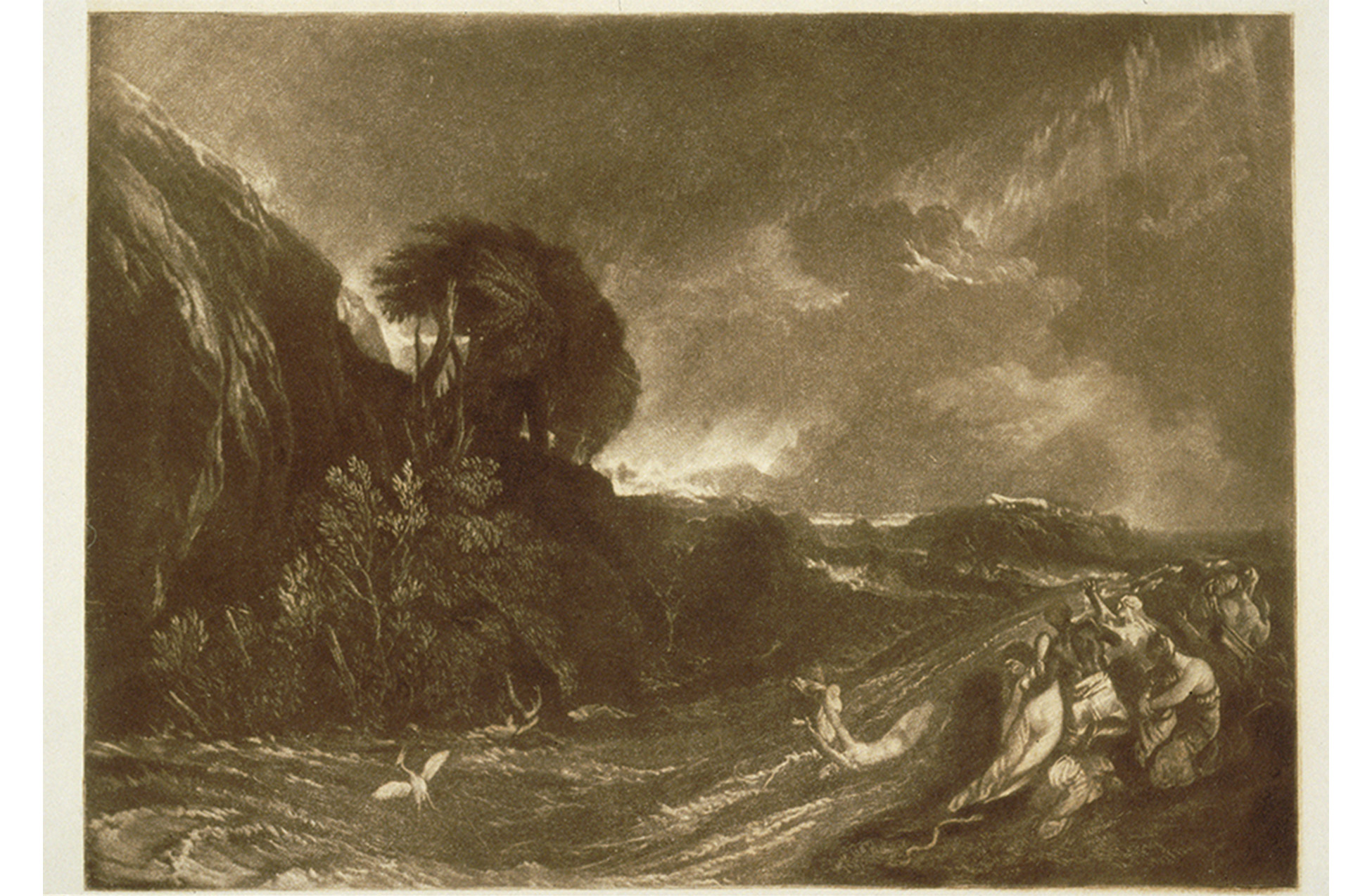 mountainside with trees. large wave in the midst of a storm. people standing in the bottom right corner.