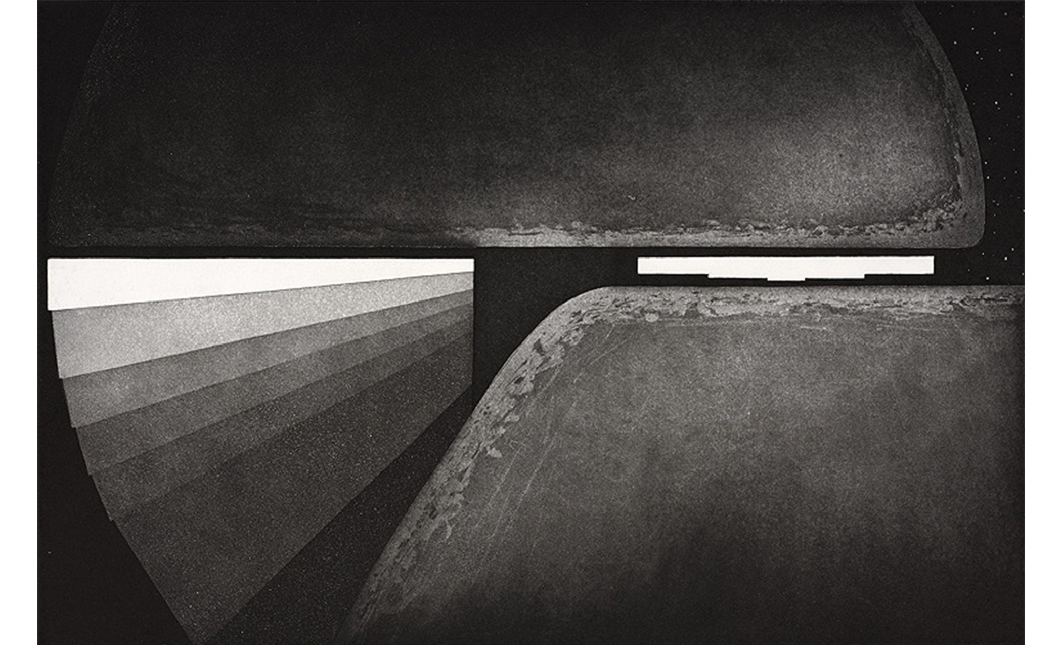 abstract. at the left, a staircase-like shape with each step a darker shade of gray. two large, very dark gray semi-circular shapes on the top and bottom of the image with small white bar in between them.