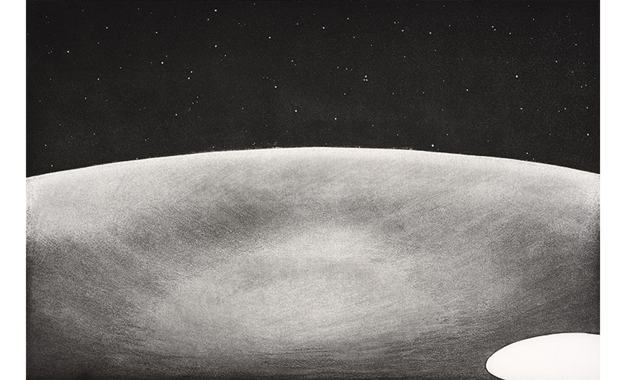 abstract. large gray semicircle extending from the bottom of the image. top of the image is a dark sky with stars. small white circle in the bottom right corner.