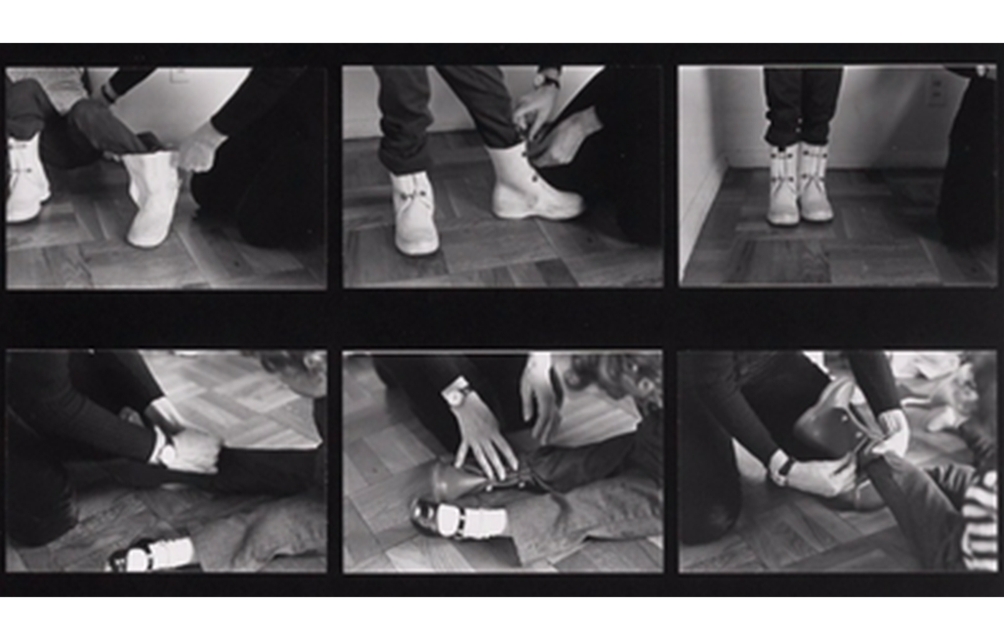 two rows of three black and white images showing a woman's hand as she helps children put on their shoes 