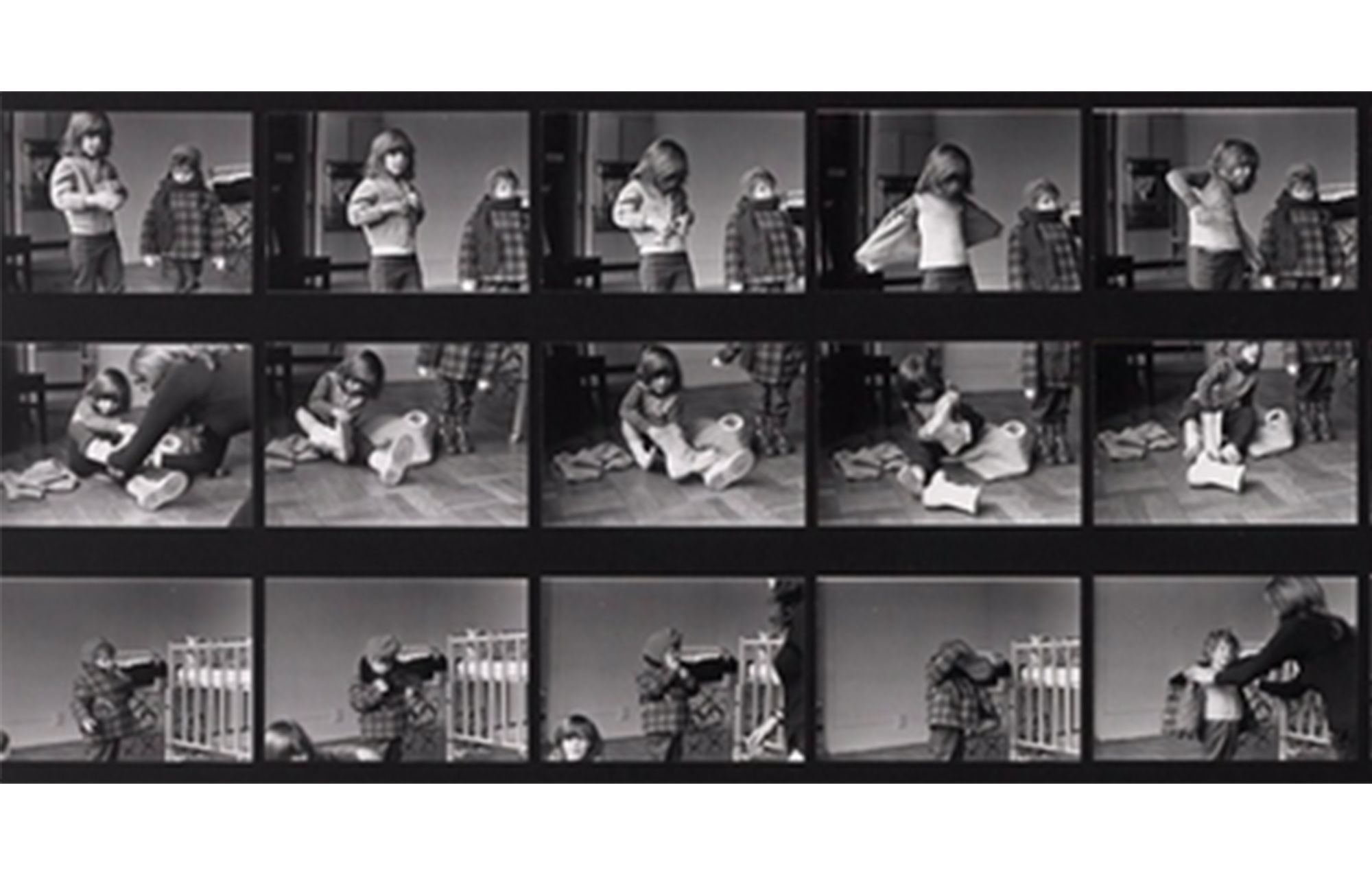 three rows of five black and white images depicting two small children getting dressed and putting on shoes; in the bottom right image, a woman reaches out to help one of the children with their jacket