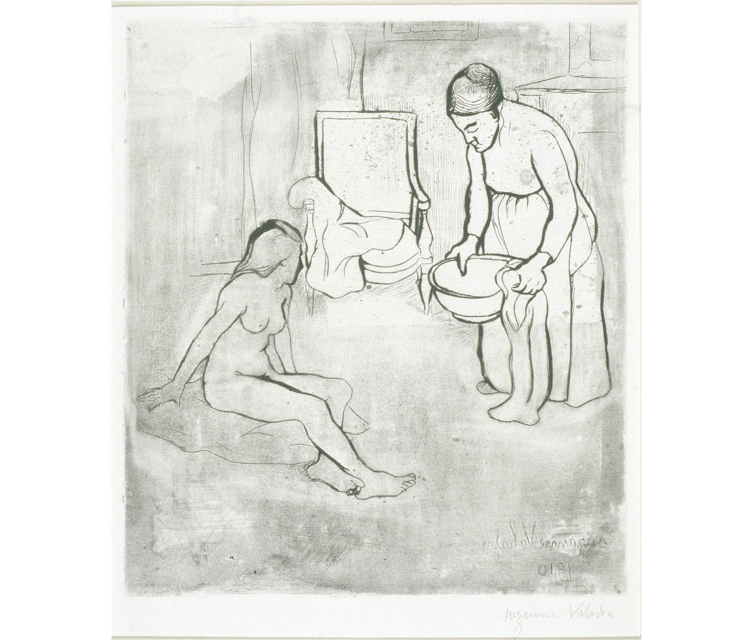 two women in a bathroom. nude woman sitting on the ground on the left; woman on the right seated on a chair and carrying a bowl