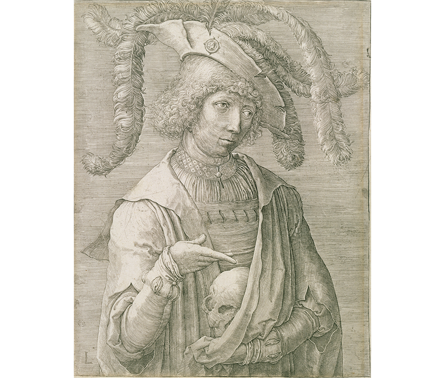 young man in feathered hat, gesturing with one hand to a skull tucked partially into his robe