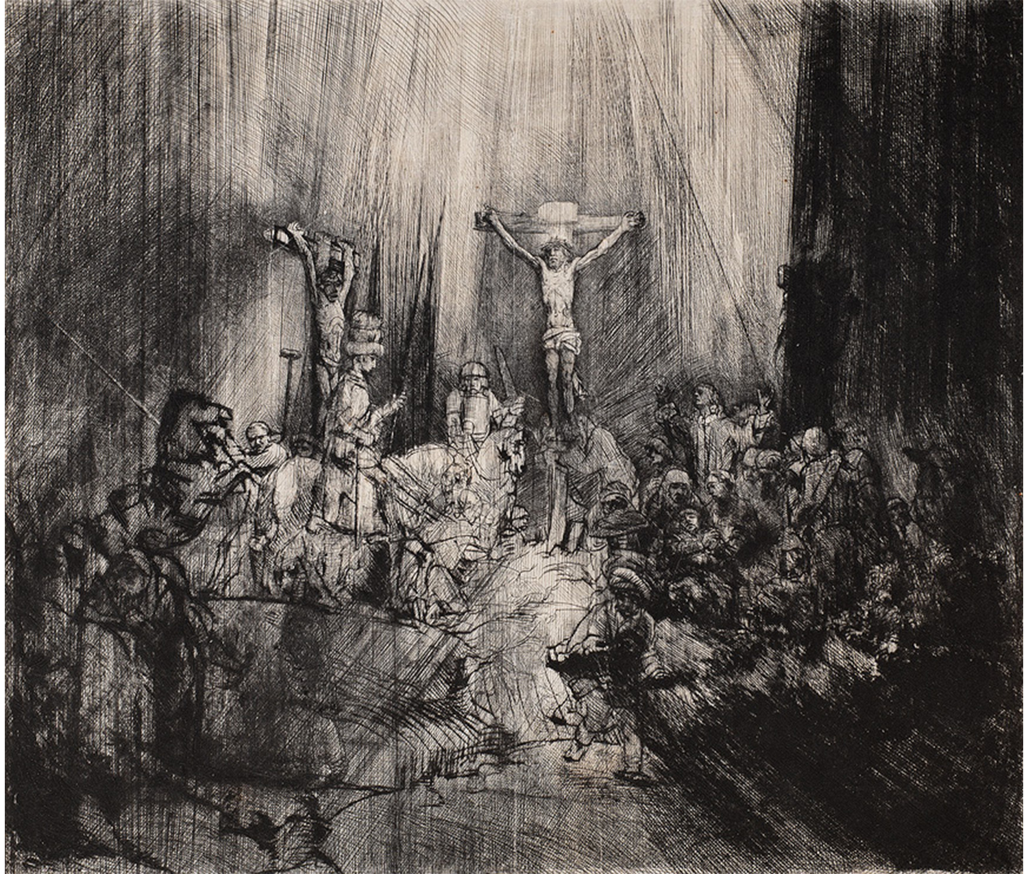 Christ on the cross, with a crowd below him