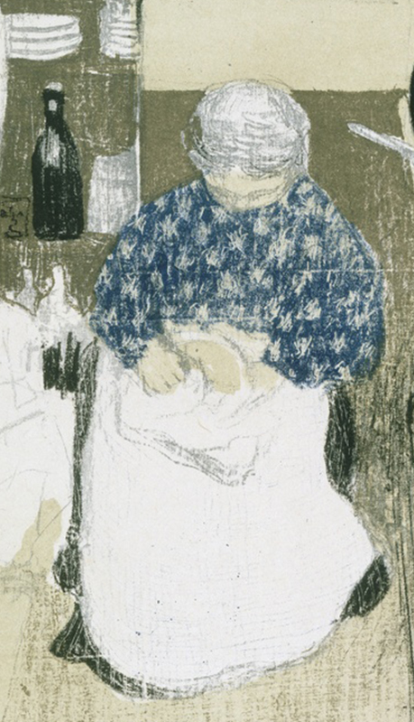 Close up of older woman dressed in blue with white dish towel