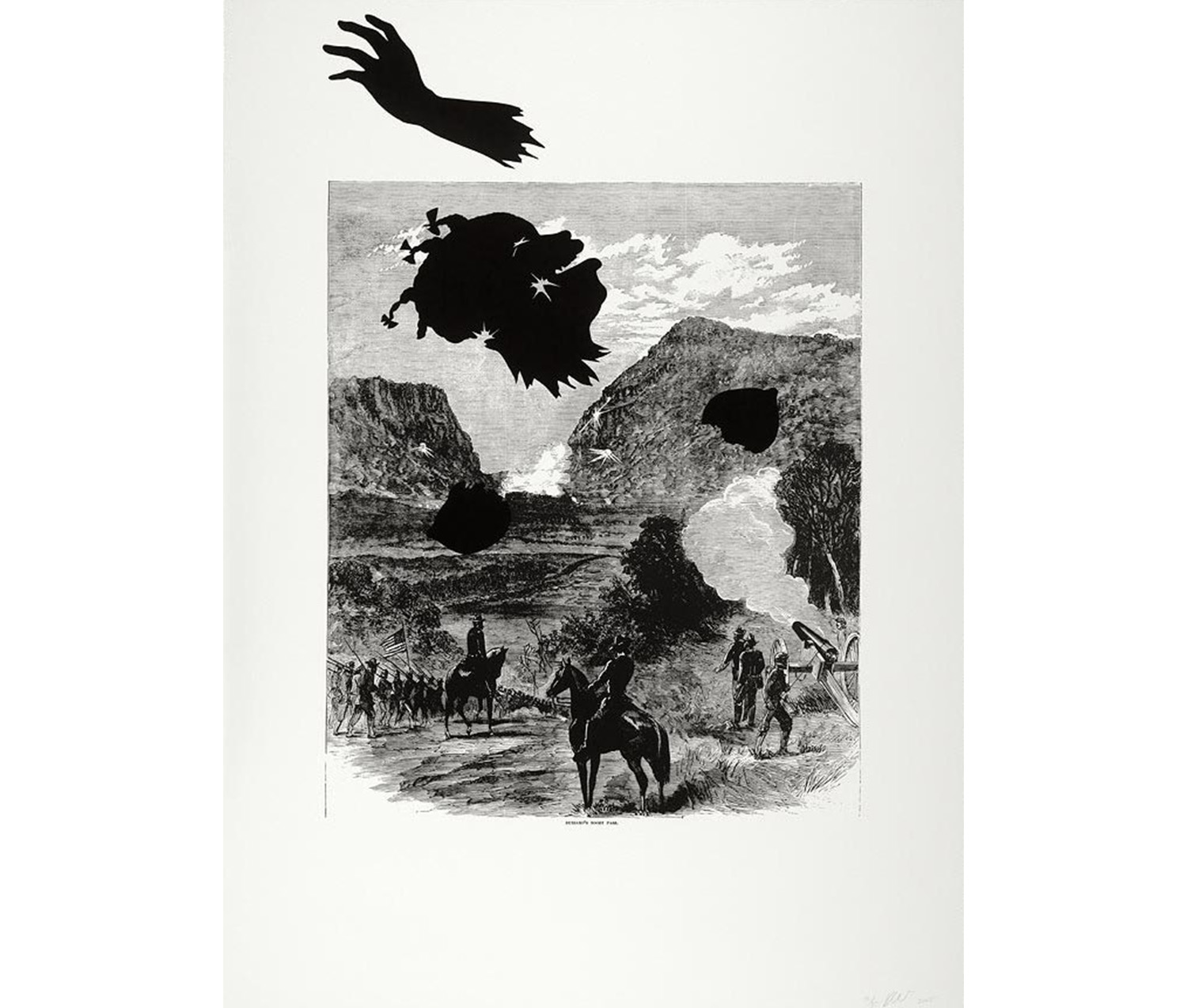 mountainous landscape with soldiers on horses; silhouette of Black woman in the sky; outstretched hand in top left corner