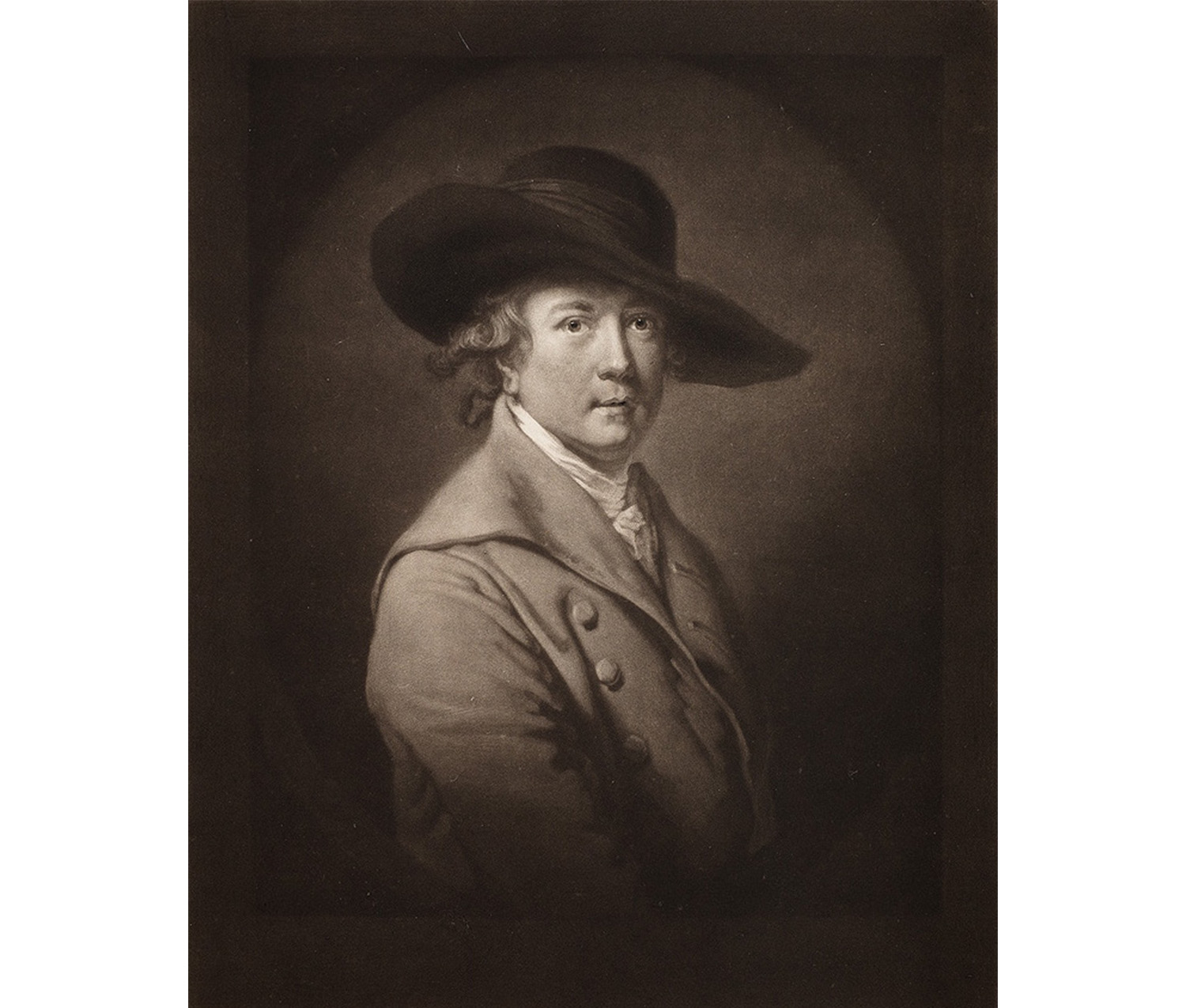 black and white bust portrait of a man wearing a double-breasted jacket and a black hat