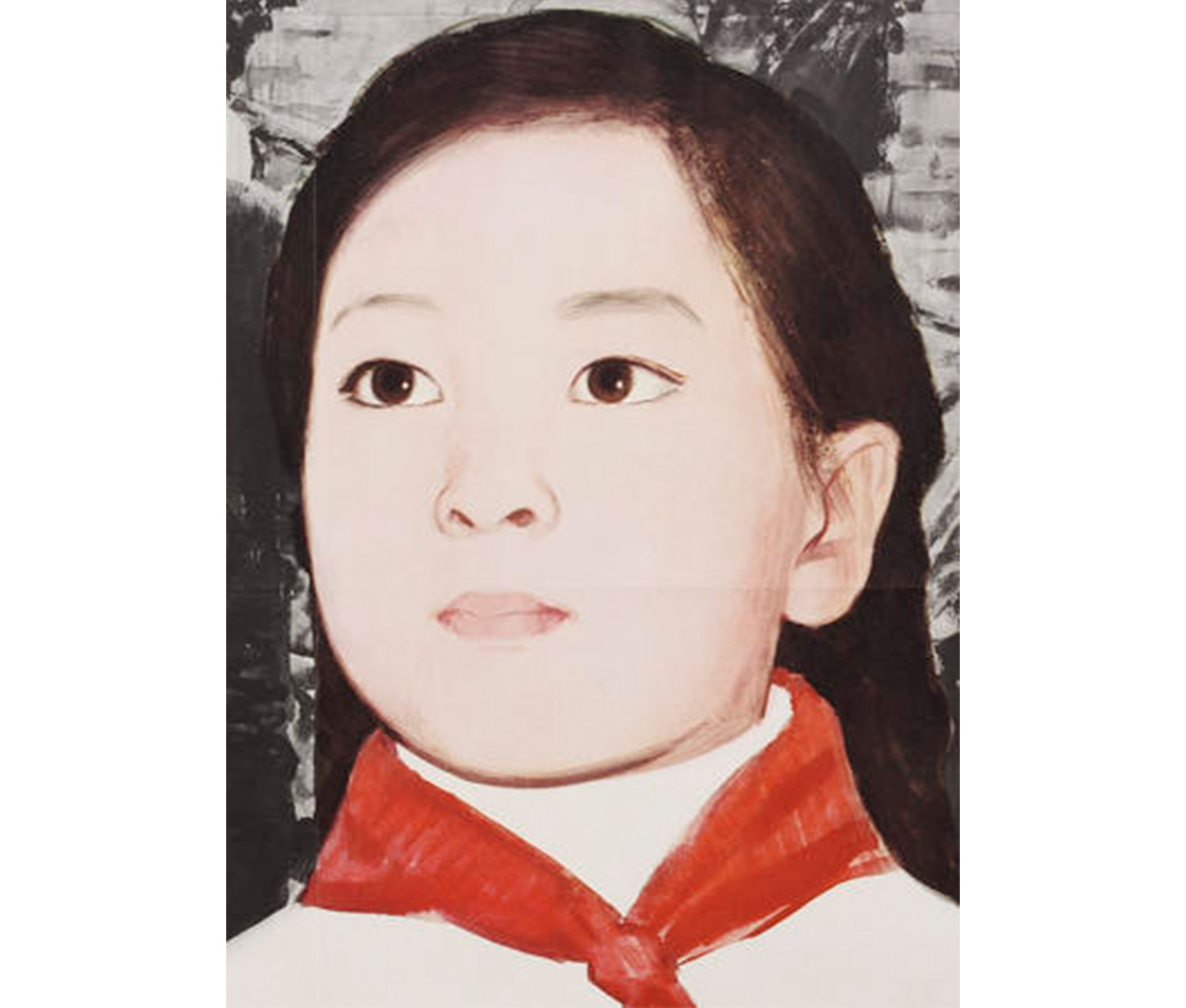 close-up of stern young woman wearing white shirt and red scarf