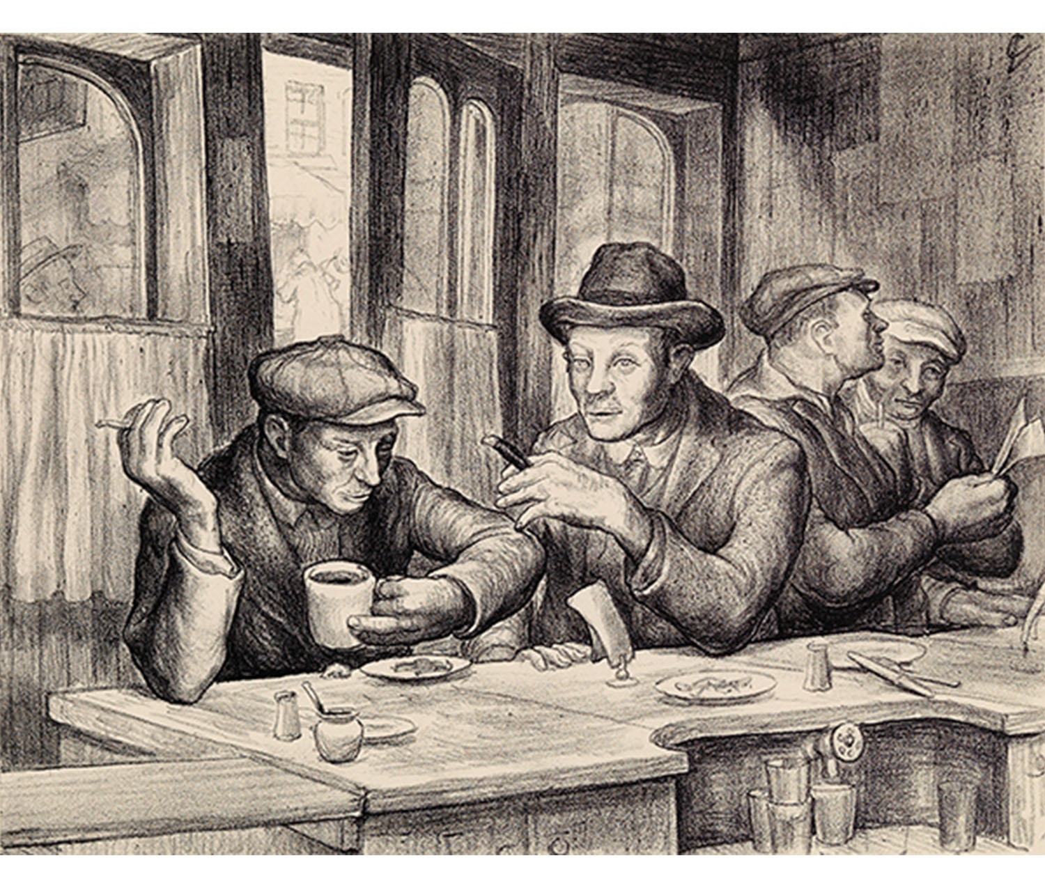 An indoor scene of four men sitting at the counter of a greasy-spoon diner, drinking coffee and smoking. The two men in the foreground are deep in conversation, while the other pair is looking over their food bill. Behind the men the restaurant door is slightly open, revealing people on the street outside.