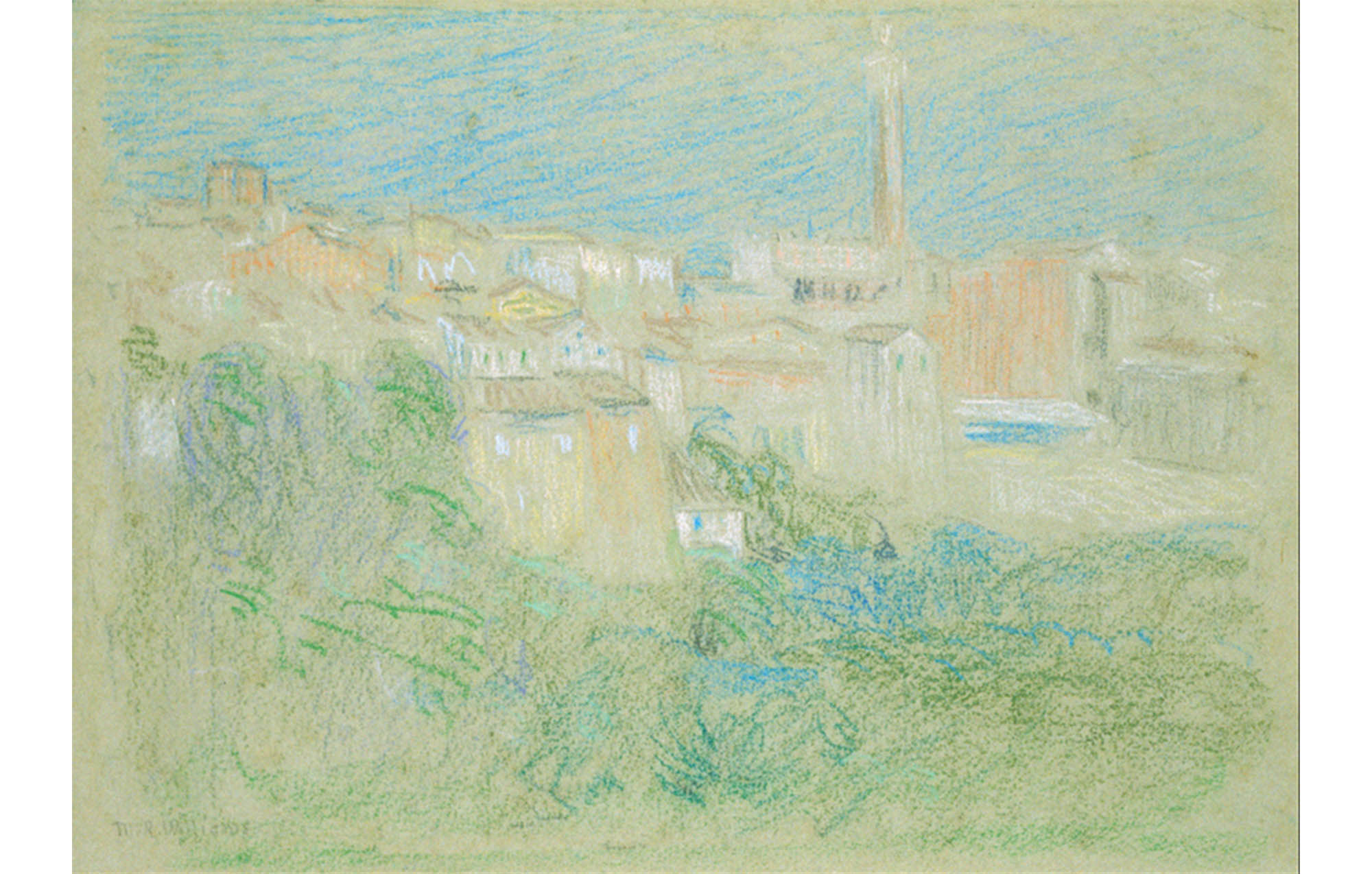 landscape with greenery in the foreground and buildings in the background; blue sky