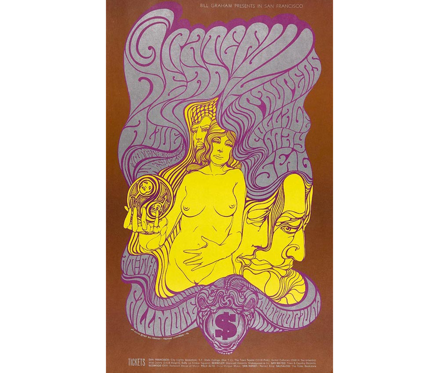 nude woman with proper left hand on stomach, proper right holding sphere with yin/yang figures on it, two larger heads on her proper left and one near her head all surrounded by text advertising a Grateful Dead concert